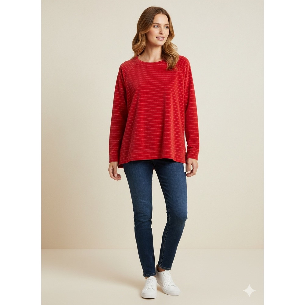 Women's XL Sweater Liz Claiborne Velour Lightweight Striped Red Gold Holiday